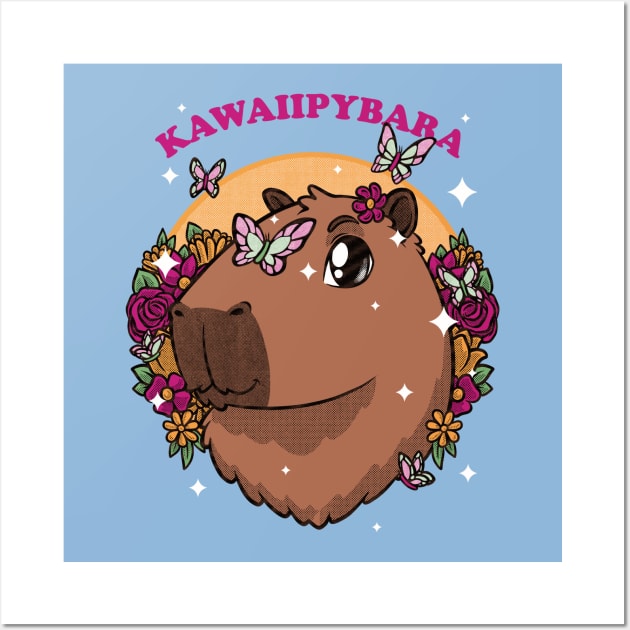 Cute Kawaii Capybara - Flower Pet Gift Wall Art by Studio Mootant